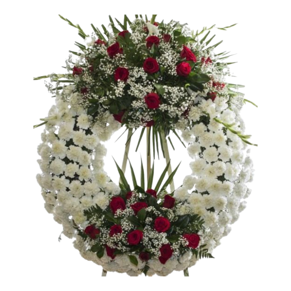 corona de difunto blanca con dos cabezeros de rosas