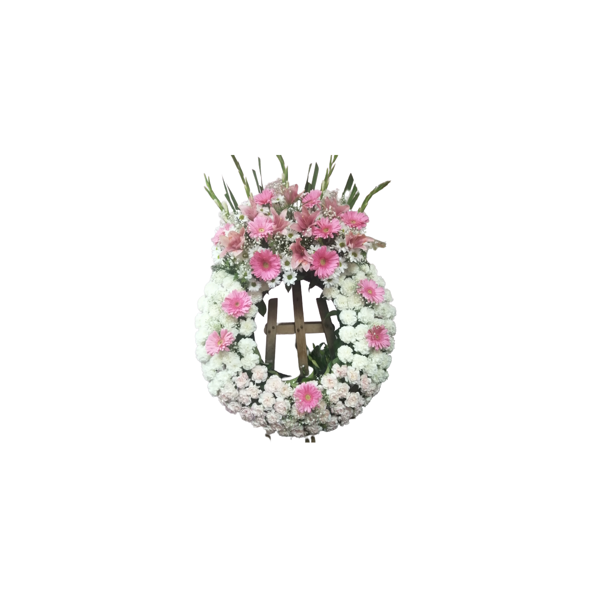 Corona de claveles, gladiolos, margaritas y...