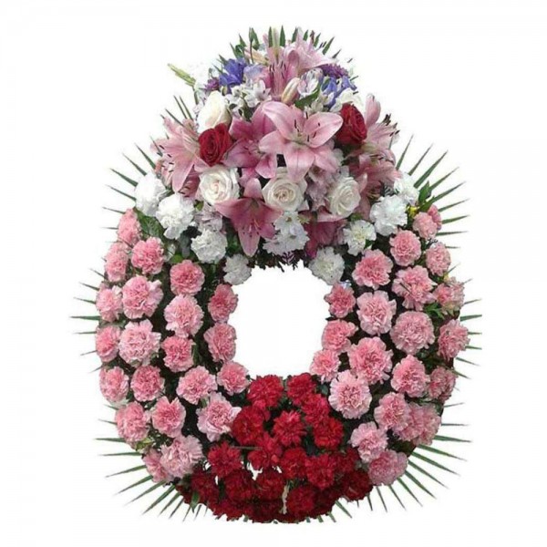 corona de difunto rosa y roja con cabezero variado