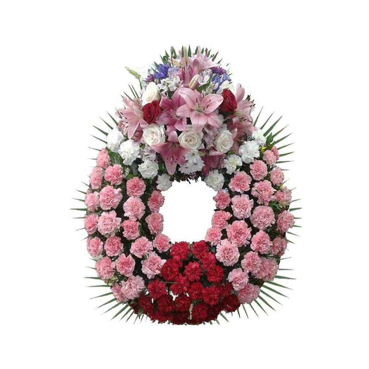 corona de difunto rosa y roja con cabezero variado